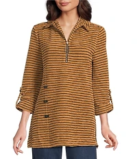 Calessa Knit Textured Artist Wire Collar Zip Front 3/4 Sleeve Tunic