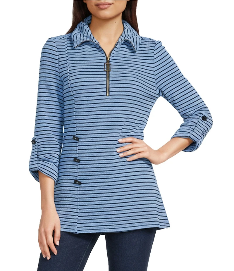 Calessa Knit Textured Artist Wire Collar Zip Front 3/4 Sleeve Tunic