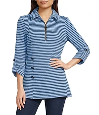 Calessa Knit Textured Artist Wire Collar Zip Front 3/4 Sleeve Tunic