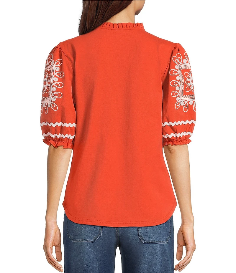 Calessa Knit V-Neck Embroidered Elbow Puff Sleeve Top