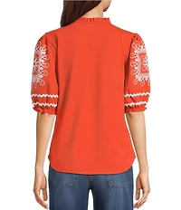 Calessa Knit V-Neck Embroidered Elbow Puff Sleeve Top