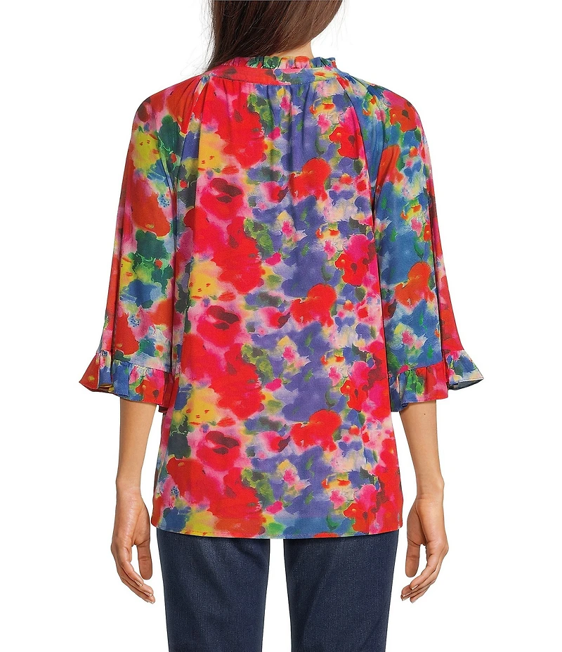 Calessa Mesh Abstract Print Split V-Neck 3/4 Sleeve Button Front Tunic