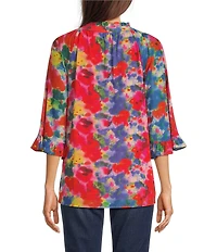 Calessa Mesh Abstract Print Split V-Neck 3/4 Sleeve Button Front Tunic