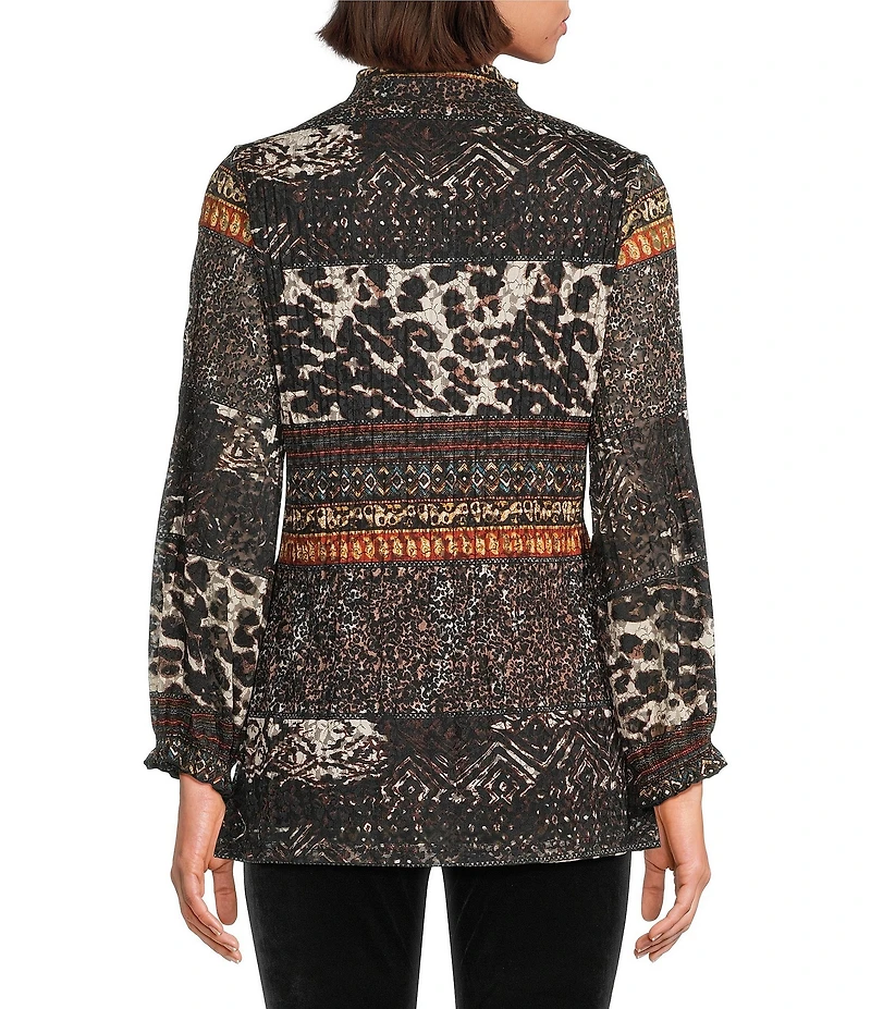 Calessa Mesh Animal Border Print Split V-Neck Long Sleeve Tunic