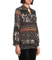 Calessa Mesh Animal Border Print Split V-Neck Long Sleeve Tunic