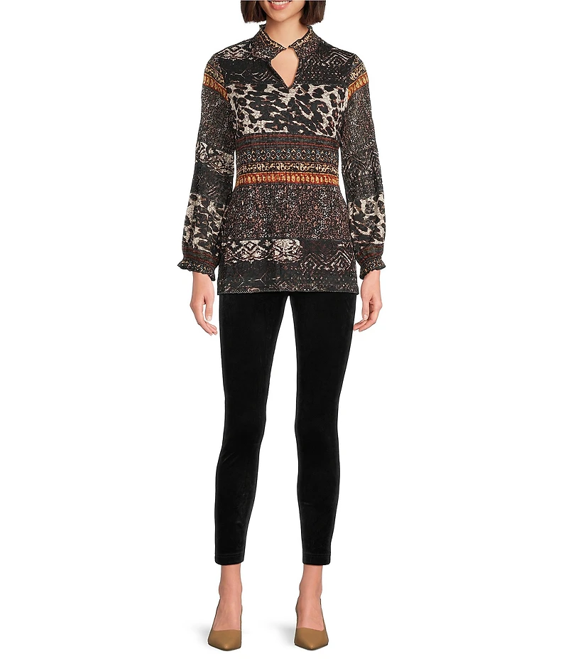 Calessa Mesh Animal Border Print Split V-Neck Long Sleeve Tunic