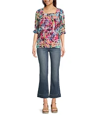 Calessa Mesh Knit Abstract Floral Square Neck Elbow Sleeve Tunic