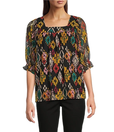 Calessa Mesh Knit Abstract Ikat Print Square Neck Elbow Sleeve Tunic