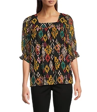Calessa Mesh Knit Abstract Ikat Print Square Neck Elbow Sleeve Tunic