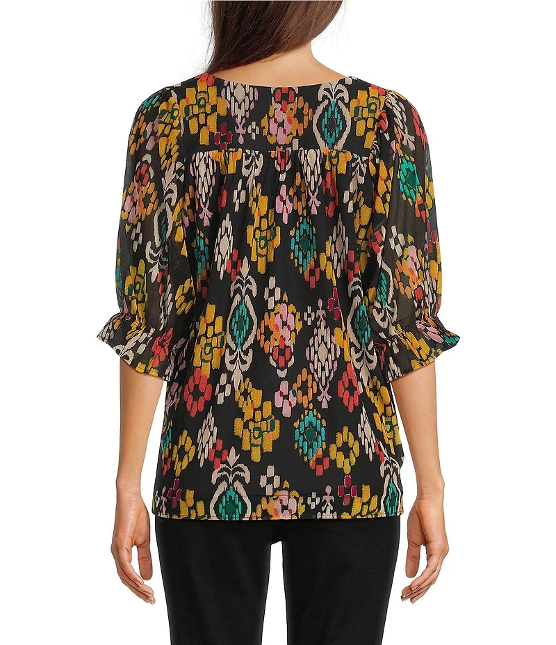 Calessa Mesh Knit Abstract Ikat Print Square Neck Elbow Sleeve Tunic