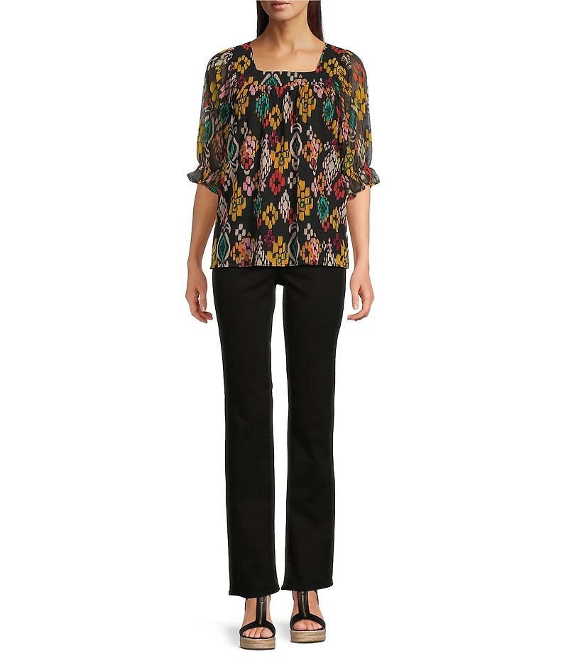 Calessa Mesh Knit Abstract Ikat Print Square Neck Elbow Sleeve Tunic