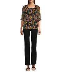 Calessa Mesh Knit Abstract Ikat Print Square Neck Elbow Sleeve Tunic