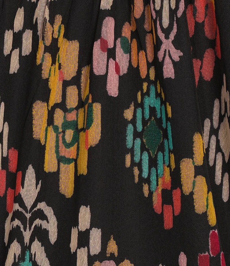 Calessa Mesh Knit Abstract Ikat Print Square Neck Elbow Sleeve Tunic