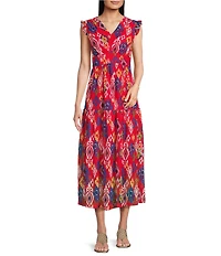 Calessa Mesh Knit Abstract Ikat Print V-Neck Cap Sleeve Midi Dress