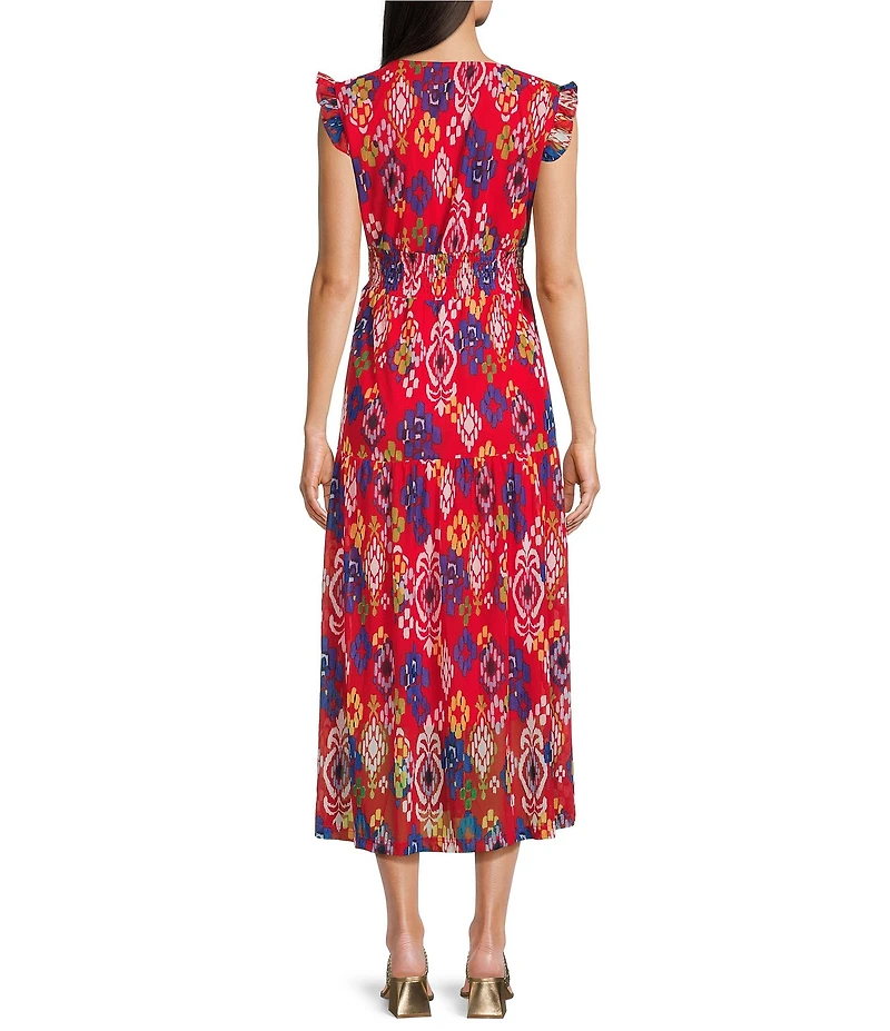 Calessa Mesh Knit Abstract Ikat Print V-Neck Cap Sleeve Midi Dress