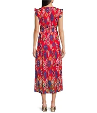 Calessa Mesh Knit Abstract Ikat Print V-Neck Cap Sleeve Midi Dress