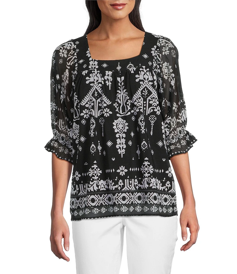 Calessa Mesh Knit Abstract Mosaic Square Neck Elbow Puff Sleeve Blouse