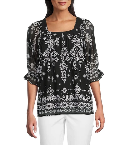 Calessa Mesh Knit Abstract Mosaic Square Neck Elbow Puff Sleeve Blouse