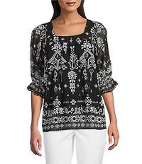 Calessa Mesh Knit Abstract Mosaic Square Neck Elbow Puff Sleeve Blouse
