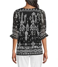Calessa Mesh Knit Abstract Mosaic Square Neck Elbow Puff Sleeve Blouse