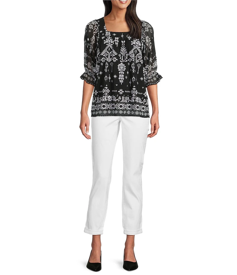 Calessa Mesh Knit Abstract Mosaic Square Neck Elbow Puff Sleeve Blouse
