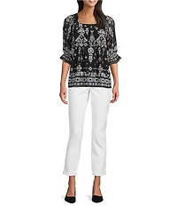 Calessa Mesh Knit Abstract Mosaic Square Neck Elbow Puff Sleeve Blouse