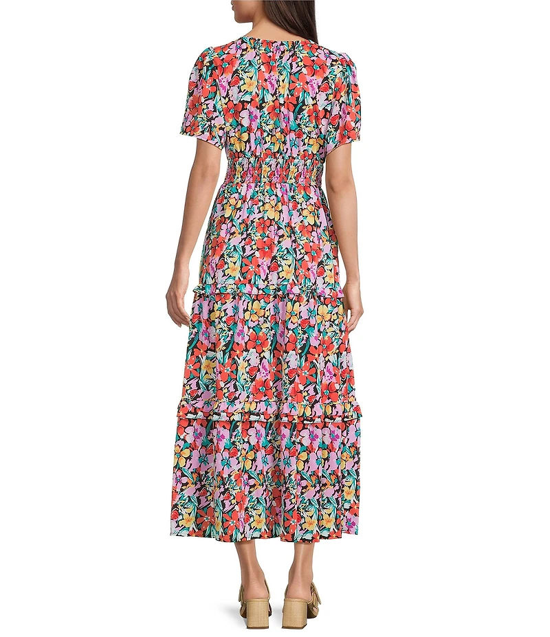 Calessa Mesh Knit Floral V-Neck Short Sleeve Dress