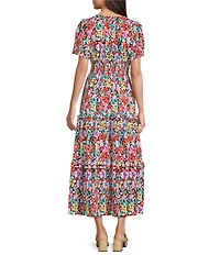 Calessa Mesh Knit Floral V-Neck Short Sleeve Dress