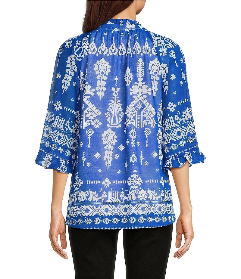 Calessa Mesh Knit Split V-Neck 3/4 Sleeve Border Henna Print Tunic