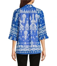 Calessa Mesh Knit Split V-Neck 3/4 Sleeve Border Henna Print Tunic