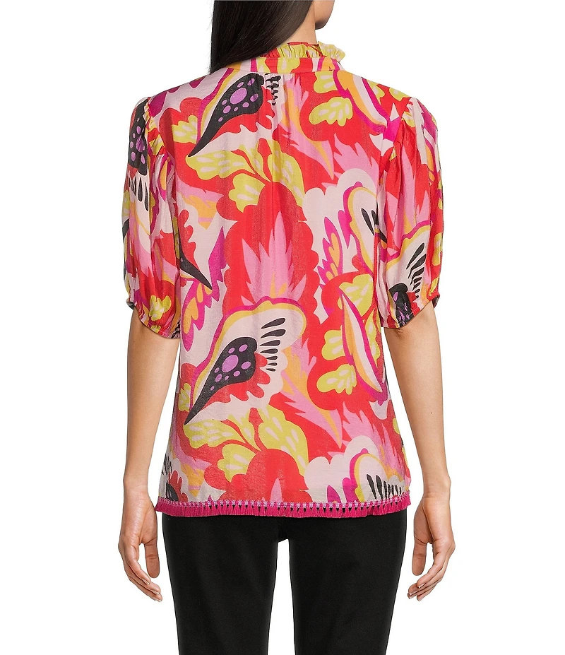 Calessa Modern Abstract Print Ruffled Split V-Neck Short Sleeve Tunic