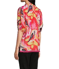 Calessa Modern Abstract Print Ruffled Split V-Neck Short Sleeve Tunic