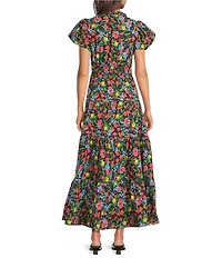 Calessa Modern Floral Split V-Neck Short Sleeve Tiered Maxi Dress