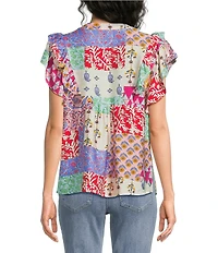 Calessa Modern Mosaic Embroidered Split V-Neck Ruffle Cap Sleeve Tunic