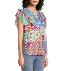 Calessa Modern Mosaic Embroidered Split V-Neck Ruffle Cap Sleeve Tunic