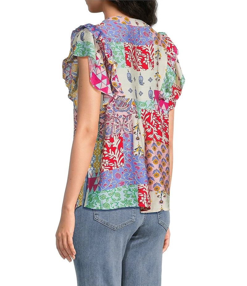 Calessa Modern Mosaic Embroidered Split V-Neck Ruffle Cap Sleeve Tunic