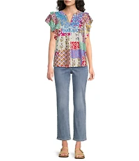 Calessa Modern Mosaic Embroidered Split V-Neck Ruffle Cap Sleeve Tunic