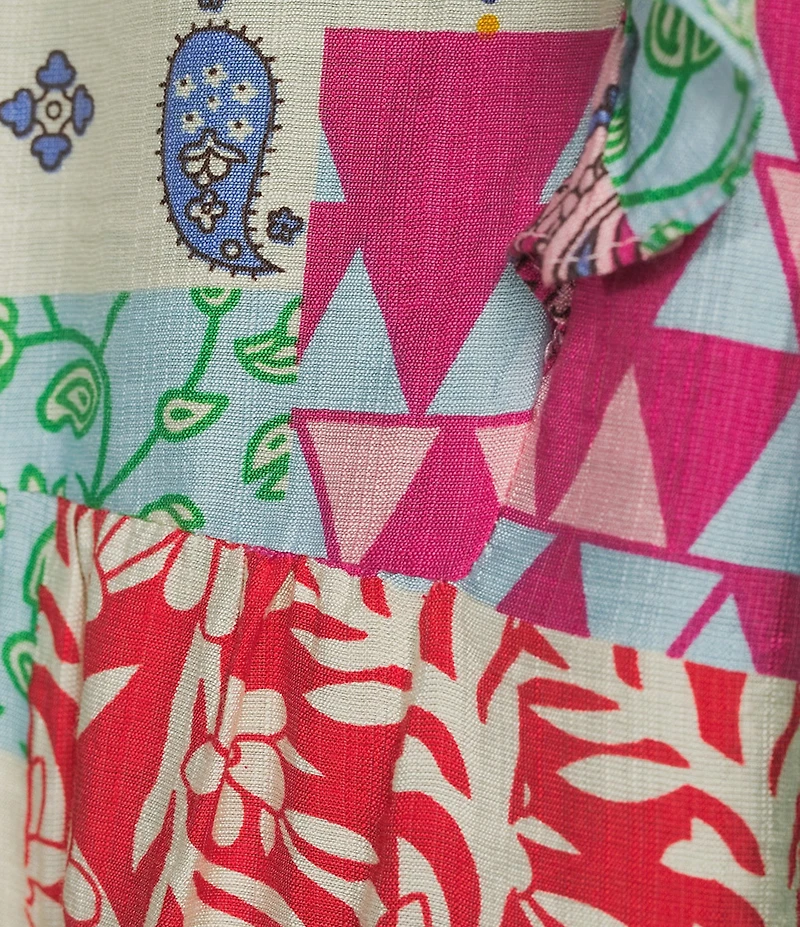 Calessa Modern Mosaic Embroidered Split V-Neck Ruffle Cap Sleeve Tunic