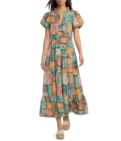 Calessa Modern Mosaic Print Split V-Neck Short Puff Sleeve Tiered A-Line Midi Dress