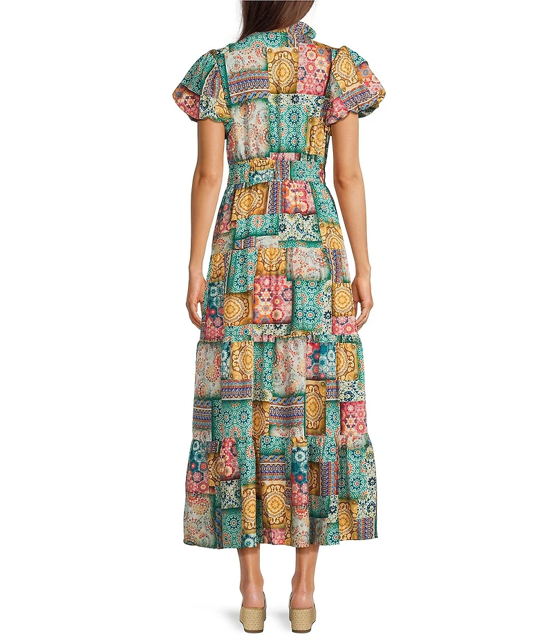 Calessa Modern Mosaic Print Split V-Neck Short Puff Sleeve Tiered A-Line Midi Dress