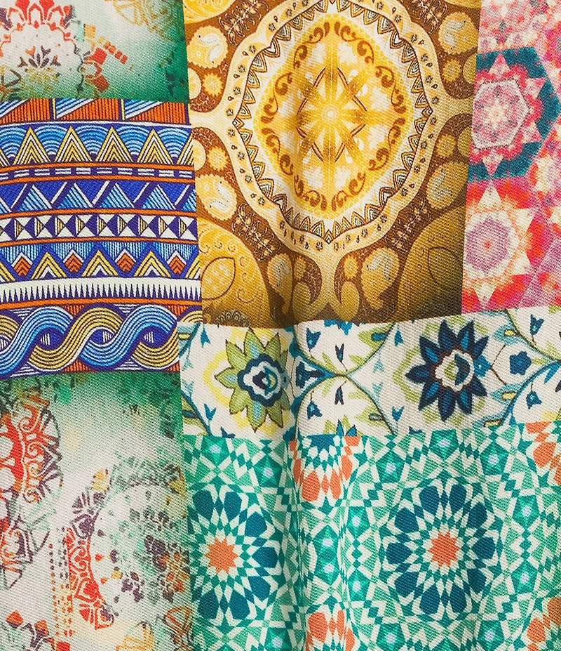 Calessa Modern Mosaic Print Split V-Neck Short Puff Sleeve Tiered A-Line Midi Dress