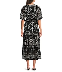 Calessa Modern Mosaic V-Neck Short Sleeve Tiered A-line Midi Dress