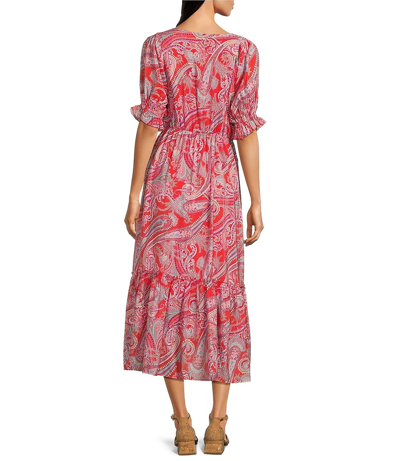 Calessa Modern Paisley V-Neck Elbow Sleeve A-Line Tiered Midi Dress