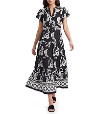 Calessa Mosaic Border Print Split V-Neck Short Sleeve A-Line Tiered Midi Dress