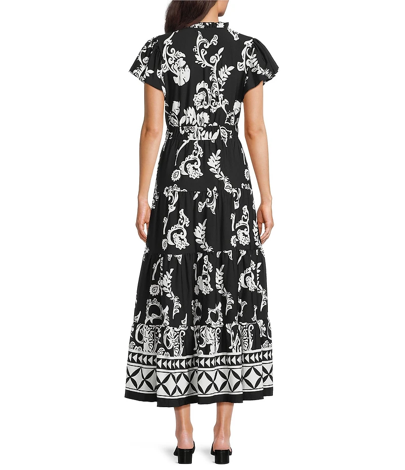 Calessa Mosaic Border Print Split V-Neck Short Sleeve A-Line Tiered Midi Dress