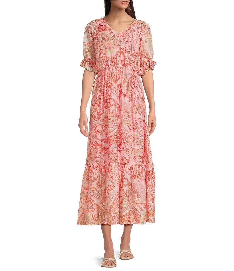 Calessa Paisley V-Neck 3/4 Bishop Sleeve Tiered Maxi Dress