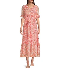 Calessa Paisley V-Neck 3/4 Bishop Sleeve Tiered Maxi Dress