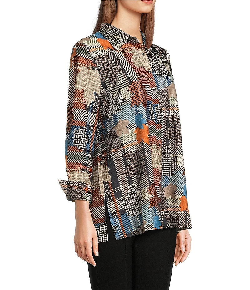 Calessa Patchwork Check Point Collar Long Sleeve Tunic
