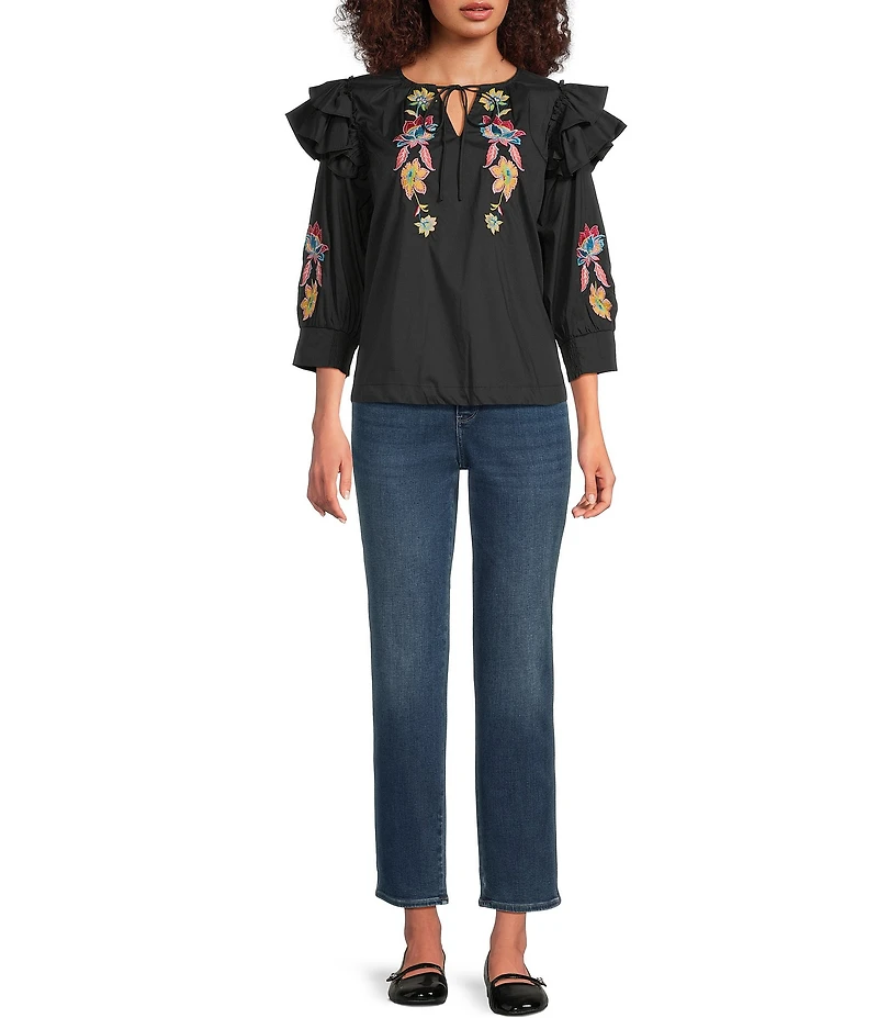 Calessa Patchwork Embroidered Split V-Neck 3/4 Sleeve Tunic