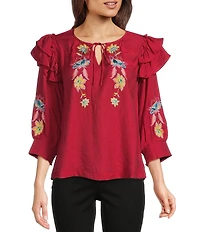 Calessa Patchwork Embroidered Split V-Neck 3/4 Sleeve Tunic